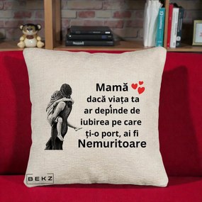 Cadou pentru Mama - Perna Personalizata Mama Nemuritoare Gravura Vintage, 40x40 cm, Bej Canapea, Husa Detasabila, Perna Inclusa, BEKZ®