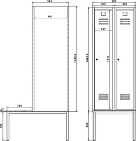 Dulap metalic cu bancheta, 60 x 85 x 185 cm, incuietoare cu cilindru, rosu - RAL 3000