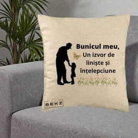 Cadou pentru Bunic - Perna Personalizata Bunicul Meu Izvor de Liniste cu Fluture si Fetita, 40x40 cm, Bej, Husa Detasabila, Perna Inclusa, BEKZ®