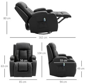 Fotoliu de masaj cu încălzire de relaxare HOMCOM, înclinabil 150° din piele artificială cu 8 puncte masaj, telecomandă 85x94x104cm negru | Aosom RO