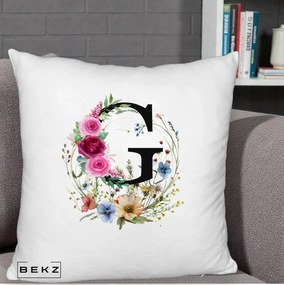 Cadou Personalizat - Perna Personalizata Monogram Litera G cu Flori Acuarela, 40x40 cm, Alb Pufos, Husa Detasabila, Perna Inclusa, BEKZ®