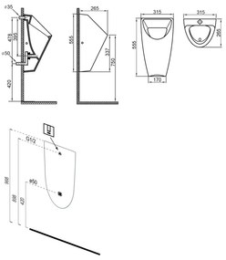 Bruckner - Pisoar SCHWARN, racordare şi evacuare pe spate, cu sistem de spălare încorporat, 6V DC, negru