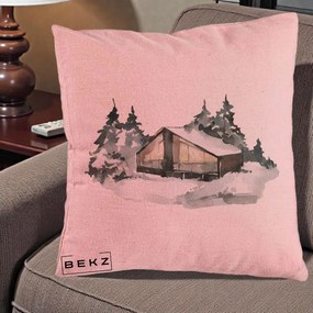 Perna Decorativa Cabana de Iarna in Padure, 40x40 cm, Roz, Husa Detasabila, Perna Inclusa, BEKZ®