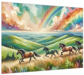 Tablou pe sticlă – Cai galopând prin peisaj (70x50 cm)