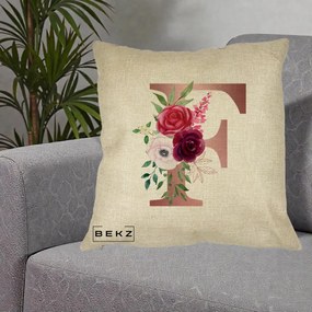 Cadou Personalizat - Perna Personalizata Monograma Rose Gold Litera F, 40x40 cm, Crem, Husa Detasabila, Perna Inclusa, BEKZ®