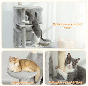 PawHut Arbore Zgâriător pentru Pisici Înalt de 140 cm cu 2 Căsuțe, Hamac, Pat și Stâlpi din Sisal, Gri | Aosom Romania
