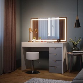 SEA446 - Set Masa toaleta, 115 cm, cosmetica machiaj, oglinda cu LED, masuta vanity, cu sau fara scaun - Alb - Gri