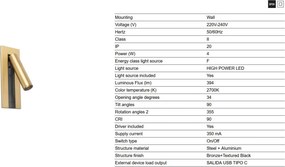 Aplica cu reader LED directionabil stil minimalist GABO USB C bronz