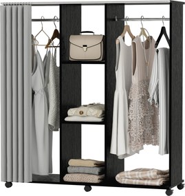 HOMCOM Dulap-penderie mobilier de depozitare mobil cu 6 roți 120L x 40l x 128H cm Negru | Aosom Romania