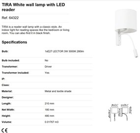 Aplica perete cu reader LED design modern TIRA alba