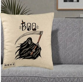 Perna Decorativa Halloween Boo Grim Reaper cu Coasa, 40x40 cm, Bej, Husa Detasabila, Perna Inclusa, BEKZ®