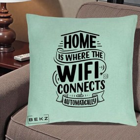 Perna Decorativa Home Is Where WiFi Connects, 40x40 cm, Verde Menta, Husa Detasabila, Perna Inclusa, BEKZ®