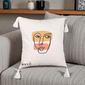Perna Decorativa Portret Abstract Line Art Portocaliu, 40x40 cm, Bej cu Franjuri, Husa Detasabila, Perna Inclusa, BEKZ®