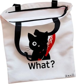 Sacosa de Panza pentru Cumparaturi, Geanta Tote, model Funny Black Cat, Cu fermoar, 38x34.5 cm, Alba, BEKZ®