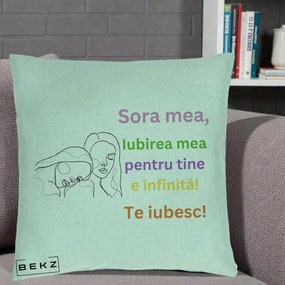 Cadou pentru Sora - Perna Personalizata Sora Mea Te Iubesc Line Art Fete Colorate Brate Ridicate, 40x40 cm, Verde Menta, Husa Detasabila, Perna Inclusa, BEKZ®