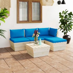 Set mobilier gradina din paleti, 5 piese, cu perne, lemn molid Albastru deschis, colt + 2x mijloc + masa + suport pentru picioare, 1