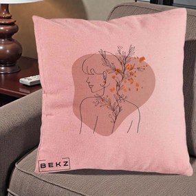 Perna Decorativa Femeie cu Flori Line Art Boho, 40x40 cm, Roz, Husa Detasabila, Perna Inclusa, BEKZ®