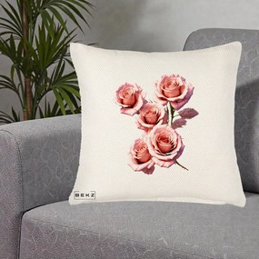 Perna Decorativa Trandafiri Roz Pastel Acuarela, 40x40 cm, Crem Reliefat, Husa Detasabila, Perna Inclusa, BEKZ®