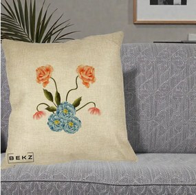 Perna Decorativa Trandafiri si Bujori Acuarela, 40x40 cm, Crem, Husa Detasabila, Perna Inclusa, BEKZ®