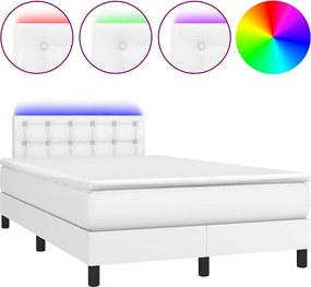 vidaXL Pat box spring cu saltea și LED, alb, 120x190 cm, piele eco