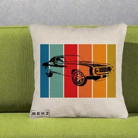 Perna Personalizata Masina Retro Muscle Car Grafic, 40x40 cm, Bej Canapea, Husa Detasabila, Perna Inclusa, BEKZ®