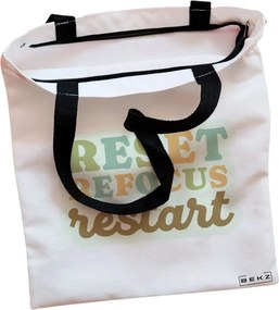 Sacosa de Panza pentru Cumparaturi, Geanta Tote, model RESET REFOCUS RESTART, Cu fermoar, 38x34.5 cm, Alba, BEKZ®
