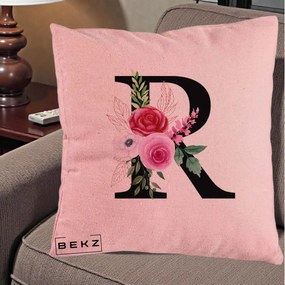 Cadou Personalizat - Perna Personalizata Monograma Florala Litera R, 40x40 cm, Roz, Husa Detasabila, Perna Inclusa, BEKZ®