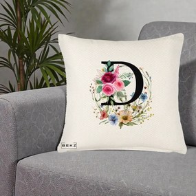 Cadou Personalizat - Perna Personalizata Monogram Litera D cu Flori Acuarela, 40x40 cm, Crem Reliefat, Husa Detasabila, Perna Inclusa, BEKZ®