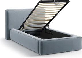 Pat albastru deschis tapițat cu spațiu de depozitare cu somieră 90x200 cm Jodie – Micadoni