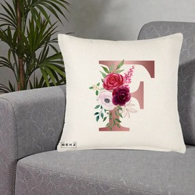 Cadou Personalizat - Perna Personalizata Monograma Rose Gold Litera F, 40x40 cm, Crem Reliefat, Husa Detasabila, Perna Inclusa, BEKZ®