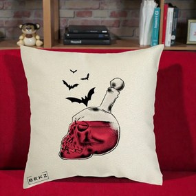 Perna Decorativa Halloween Craniu-Sticla cu Lilieci, 40x40 cm, Ecru, Husa Detasabila, Perna Inclusa, BEKZ®