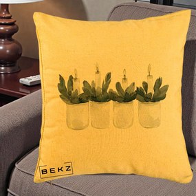 Perna Decorativa Lumanari in Borcane cu Eucalipt, 40x40 cm, Galben, Husa Detasabila, Perna Inclusa, BEKZ®