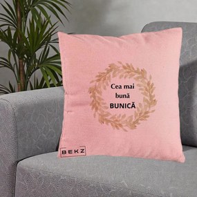 Cadou pentru Bunica - Perna Personalizata Cea Mai Buna Bunica Coronita Frunze Acuarela, 40x40 cm, Roz, Husa Detasabila, Perna Inclusa, BEKZ®
