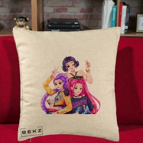 Perna Personalizata K-pop HUNTRX Trio Animat Fete Foto, 40x40 cm, Bej, Husa Detasabila, Perna Inclusa, BEKZ®
