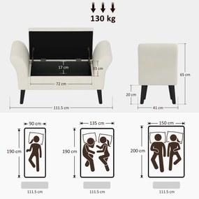 HOMCOM Bancă de Depozitare pentru Dormitor cu Spațiu de Depozitare și Brațe, 111,5x41x65 cm, Alb Crem | Aosom Romania