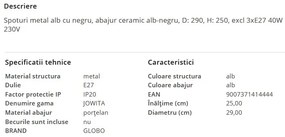 Plafoniera metal stil industrial JOWITA 3 alb-negru