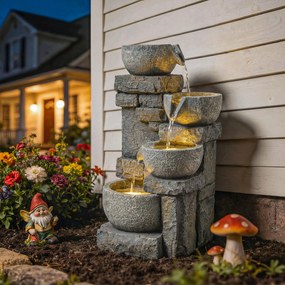 Outsunny Fântână de grădină Cascadă 4 niveluri Decorațiune efect piatră și cărămidă cu iluminare LED 28 x 25 x 54,5 cm Gri | Aosom Romania
