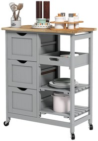 HOMCOM Carucior Auxiliar cu Roti Carucior de Bucatarie cu 3 Sertare 2 Rafturi Deschise si Tava Detasabila 67x37x85,5 cm Gri | Aosom Romania