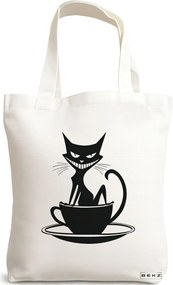 Sacosa de Panza pentru Cumparaturi, Geanta Tote, model Caffeine Cat 11 38 x 34.5 cm, Alba, BEKZ®