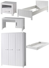 Set Mobilier Cameră Copii ERIK: Pat 90x200 cm, Dulap 3 Uși, Birou, Noptieră și Sertar, Alb – Vipack
