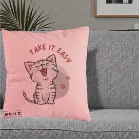 Perna Personalizata Take It Easy Cat, 40x40 cm, Roz, Husa Detasabila, Perna Inclusa, BEKZ®