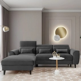 Colțar gri închis extensibil/cu spațiu de depozitare cu tapițerie din catifea (cu colț pe partea stângă/cu șezlong) Foble – ELTAP