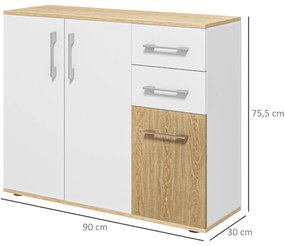 HOMCOM Bufet de Bucătarie cu 2 Sertare 2 Dulapuri și Rafturi Ajustabile pentru Sufragerie 90x30x75,5 cm Alb și Natural | Aosom Romania