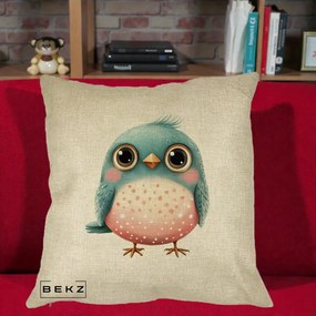 Perna Decorativa Pasare Teal-Roz cu Pete, 40x40 cm, Crem, Husa Detasabila, Perna Inclusa, BEKZ®