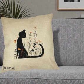 Perna Decorativa Pisica Neagra Flori Portocalii Silueta, 40x40 cm, Crem, Husa Detasabila, Perna Inclusa, BEKZ®