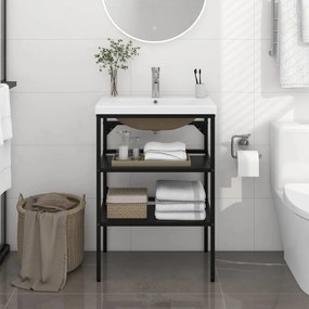 Cadru chiuveta de baie, cu lavoar incorporat, negru, fier Negru, 59 x 38 x 83 cm