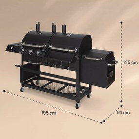 Kingsville Smoker, grătar combinat, gaz, cărbune, afumător cu cărbune, 13,5 kW, 3+1 arzătoare, negru