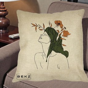 Perna Decorativa Portret Feminin Profil Flori Portocalii, 40x40 cm, Crem, Husa Detasabila, Perna Inclusa, BEKZ®
