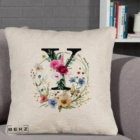 Cadou Personalizat - Perna Personalizata Monograma Florala Litera Y cu Coroana, 40x40 cm, Bej Canapea, Husa Detasabila, Perna Inclusa, BEKZ®