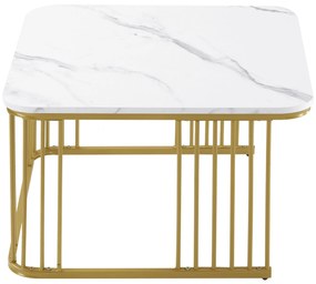 Set de 2 măsuțe pătrate din marmură lucioasă, măsuțe suprapozabile cu picioare aurii, 70×70×45 cm și 50×50×36,5 cm, Alb